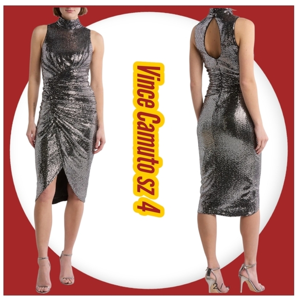 NWT Vince Camuto Dress Midi  Silver Metallic Mock Neck Cocktail Woman sz 4 - Picture 1 of 9